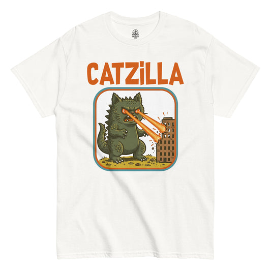 catzilla kaiju cat t shirt funny monster cat laser eyes destroying building cartoon design white clothing