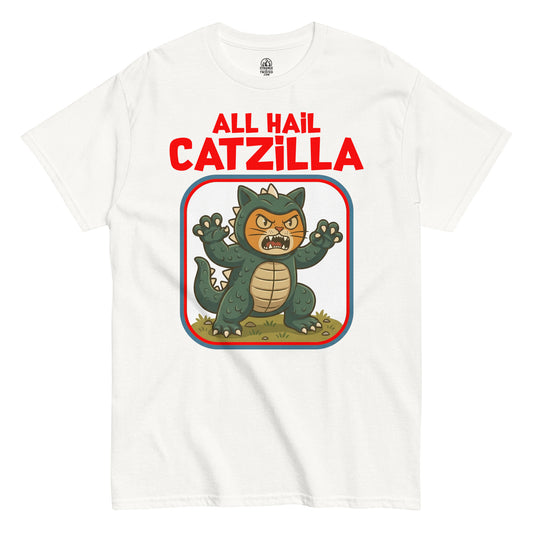 all hail catzilla t shirt funny kaiju cat monster cartoon design white clothing