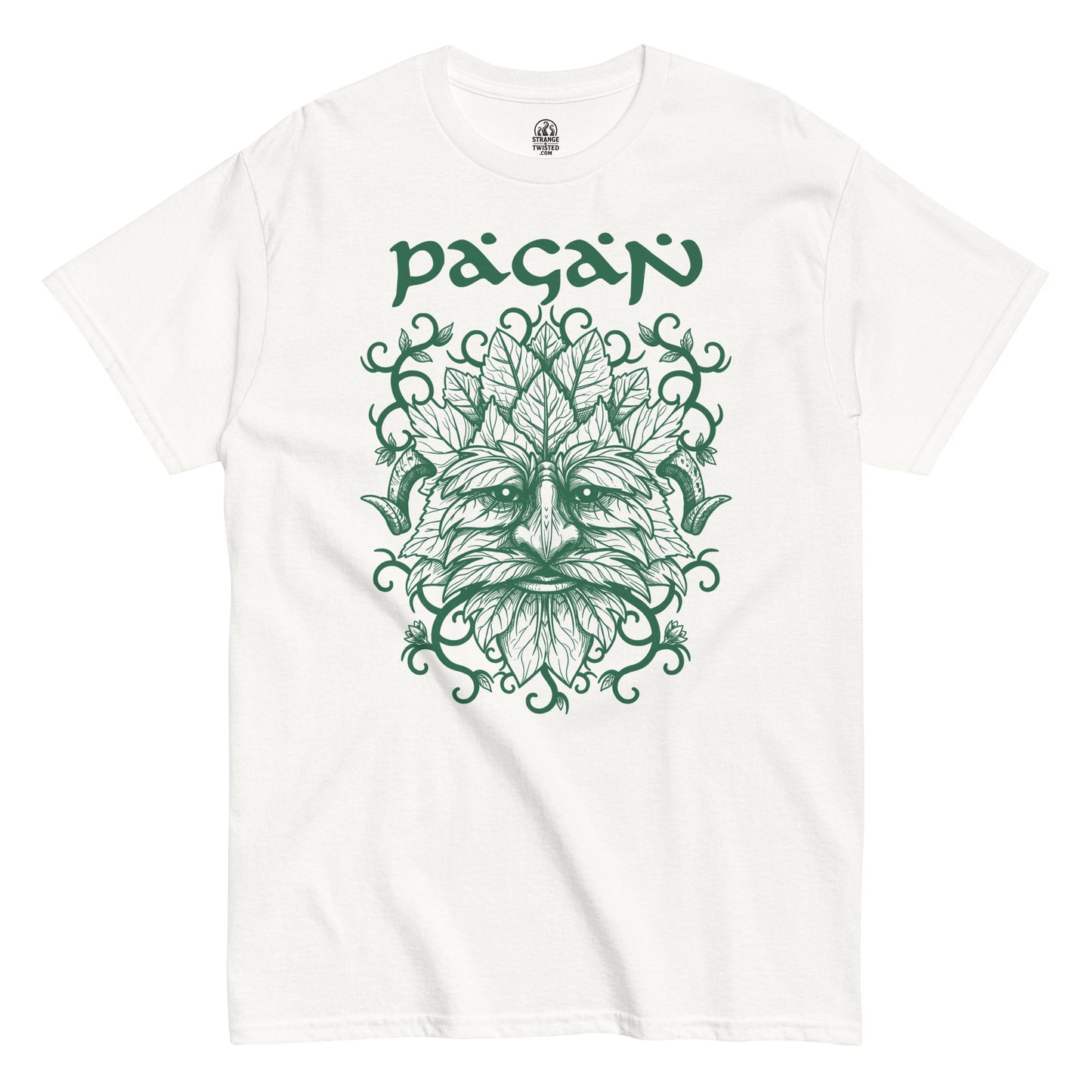 Green Man pagan t-shirt front view, Celtic folklore face made of leaves and vines, nature spirit design on white background
