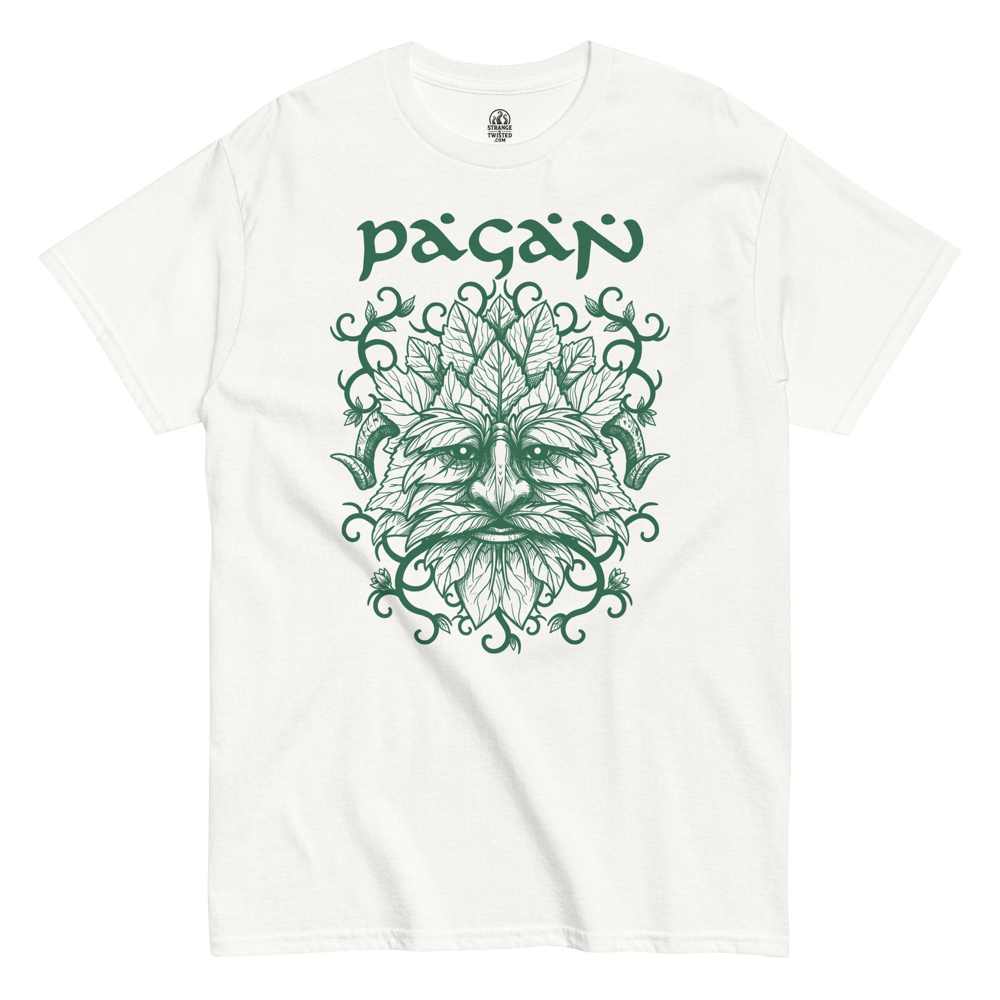 Green Man pagan t-shirt front view, Celtic folklore face made of leaves and vines, nature spirit design on white background