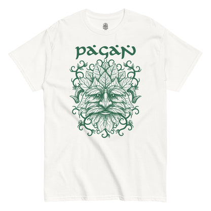 Green Man pagan t-shirt front view, Celtic folklore face made of leaves and vines, nature spirit design on white background