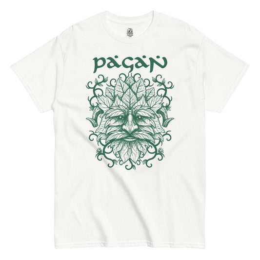 Green Man pagan t-shirt front view, Celtic folklore face made of leaves and vines, nature spirit design on white background