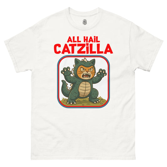 Funny Catzilla T-Shirt in kaiju art style, white shirt front view Unisex