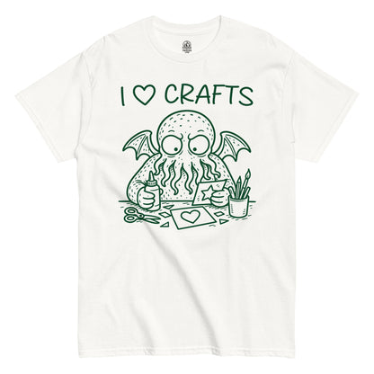 I love crafts t-shirt front view, cute Cthulhu character with scissors and glue, green graphic on white