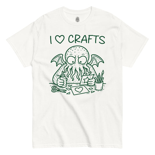 I love crafts t-shirt front view, cute Cthulhu character with scissors and glue, green graphic on white
