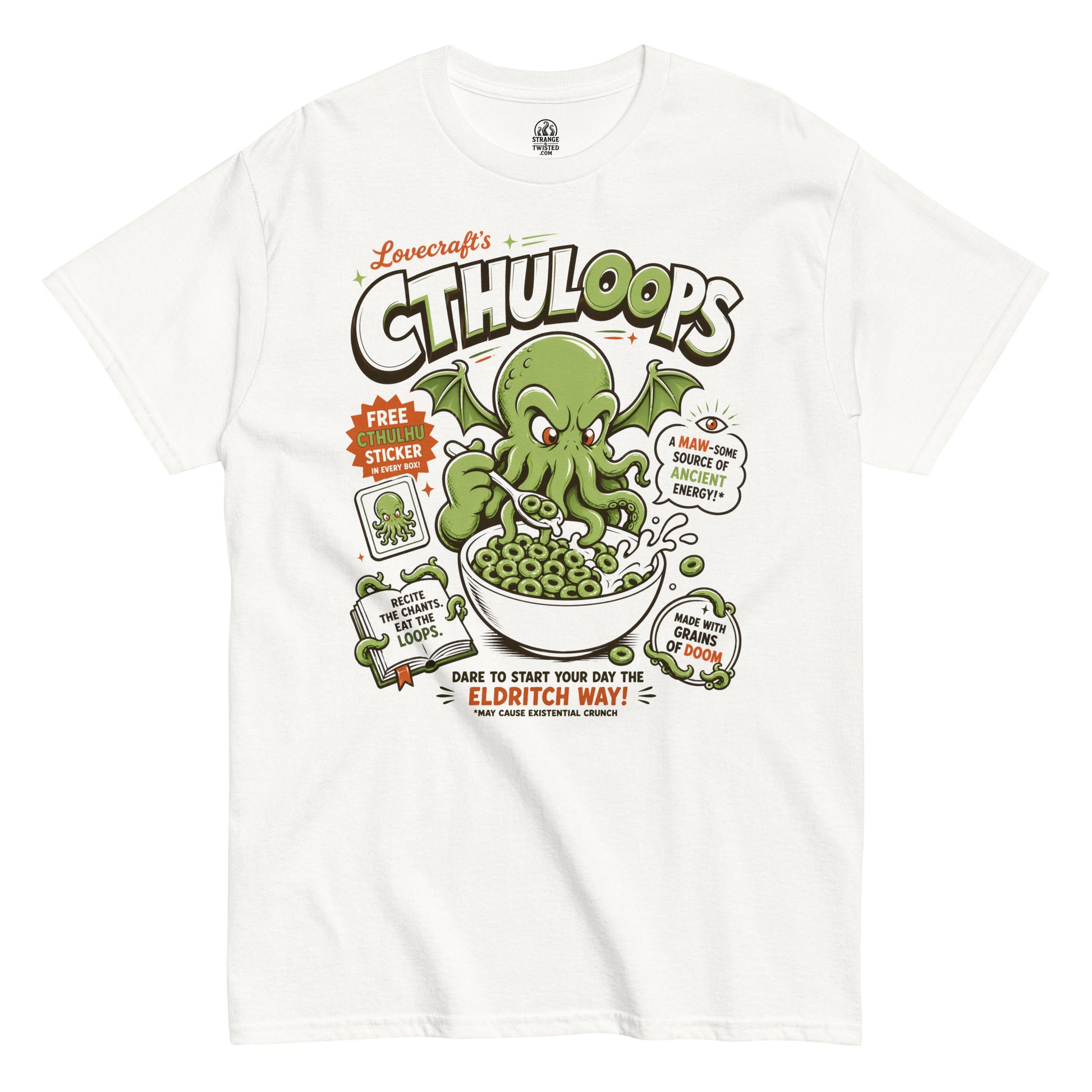 Cthuloops t-shirt front view, cartoon Cthulhu eating green cereal in parody cereal box style design on white