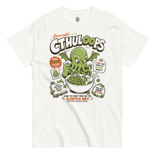 Cthuloops t-shirt front view, cartoon Cthulhu eating green cereal in parody cereal box style design on white