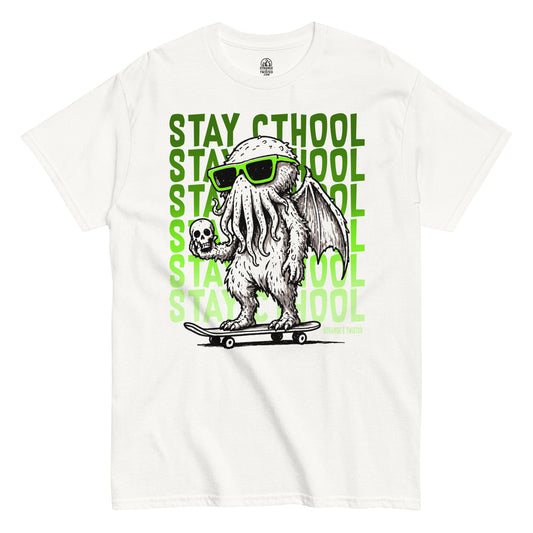 Stay Cthool t-shirt front view, Cthulhu wearing sunglasses riding skateboard holding skull, neon green graphic on white