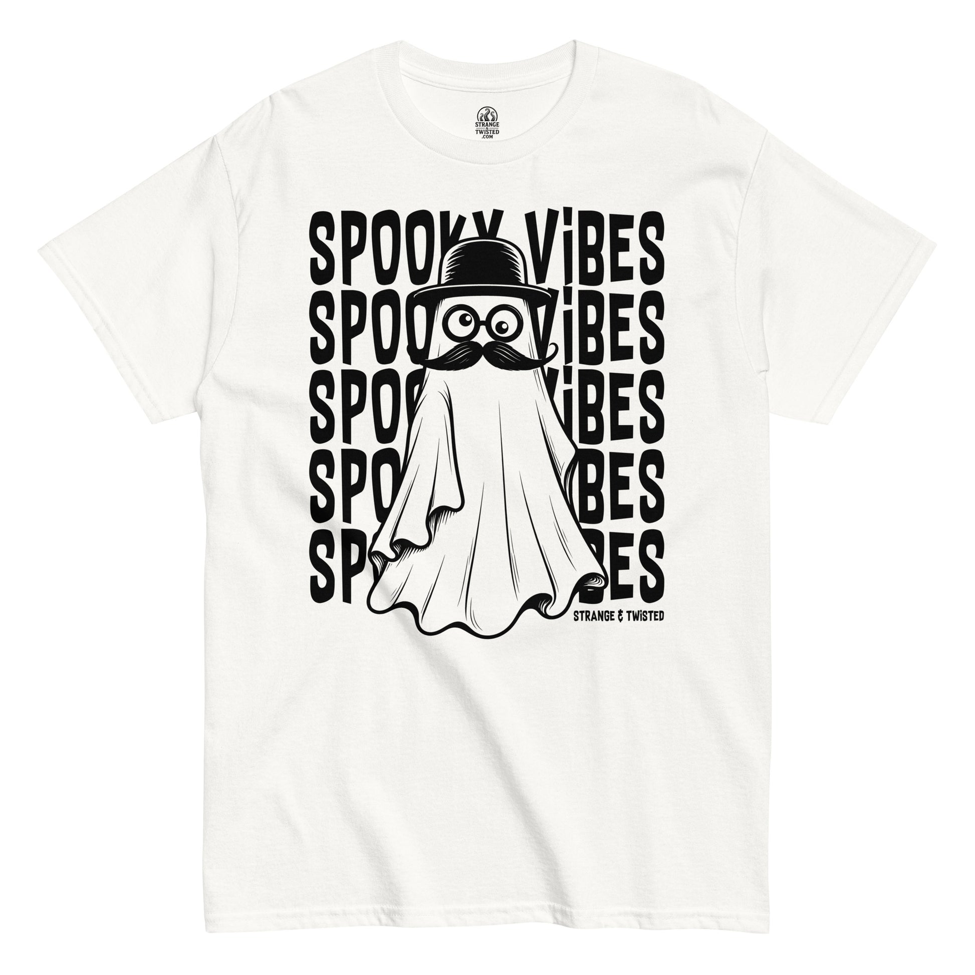Spooky vibes ghost t-shirt front view, minimal ghost design with clean spooky aesthetic on white