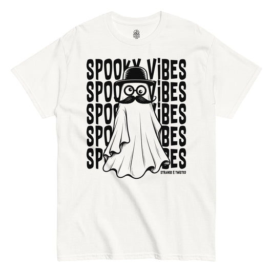 Spooky vibes ghost t-shirt front view, minimal ghost design with clean spooky aesthetic on white