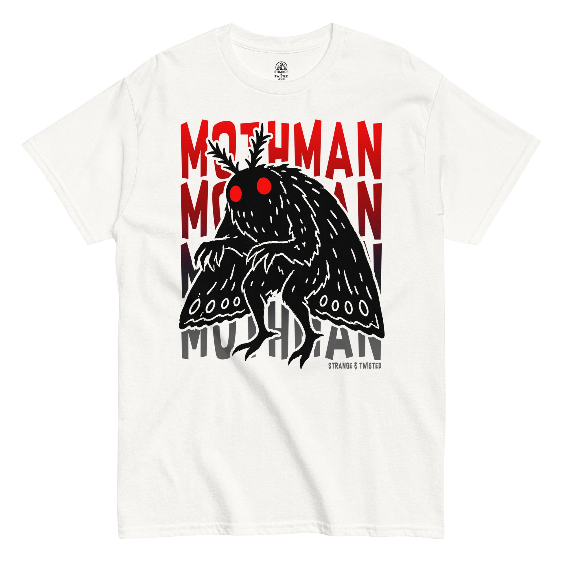 mothman cryptid t-shirt front view, black silhouette with red glowing eyes and bold text on white