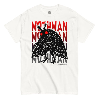 mothman cryptid t-shirt front view, black silhouette with red glowing eyes and bold text on white