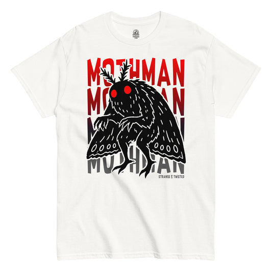 mothman cryptid t-shirt front view, black silhouette with red glowing eyes and bold text on white