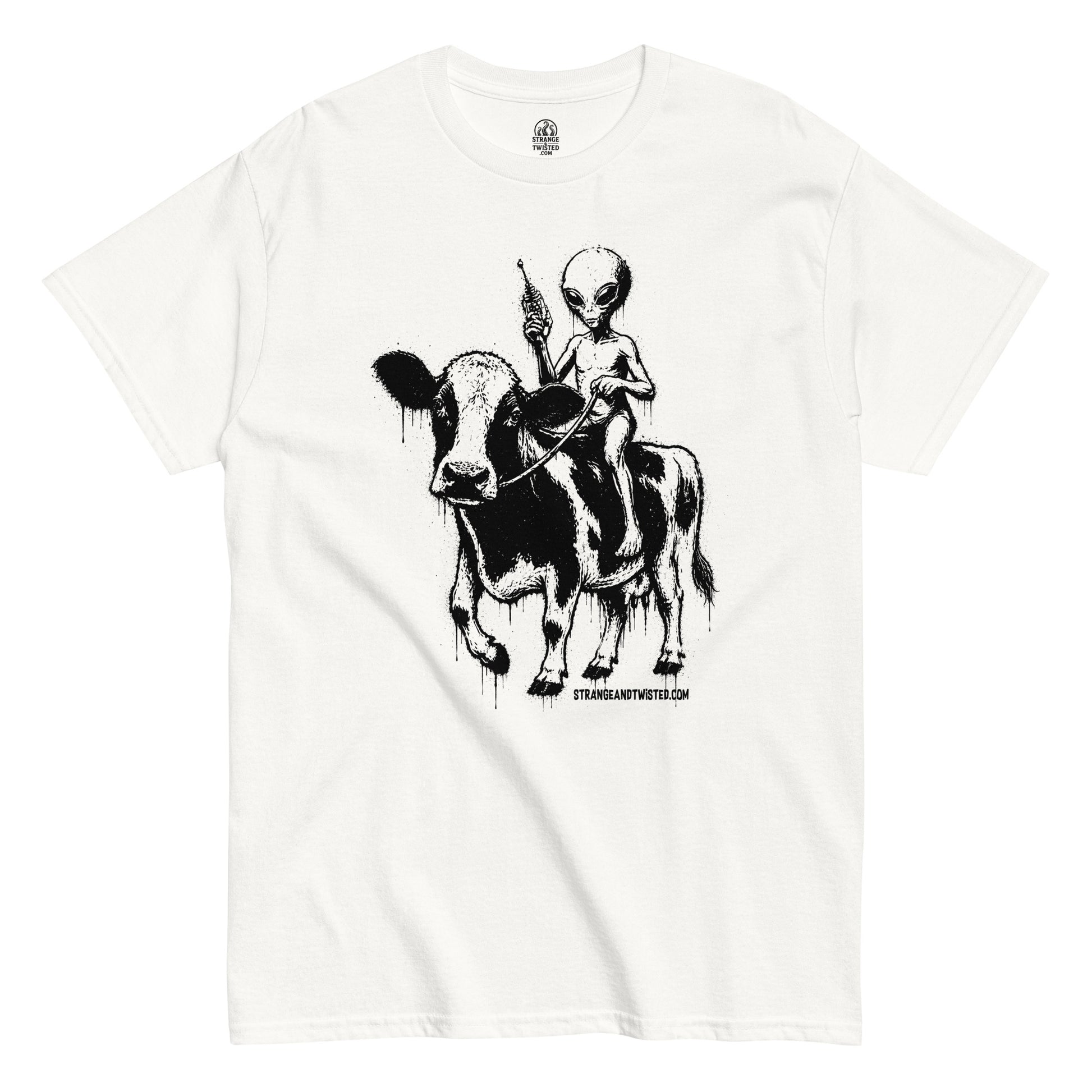 alien riding cow t-shirt front view, detailed black alien figure holding device while sitting on cow, high contrast design on white
