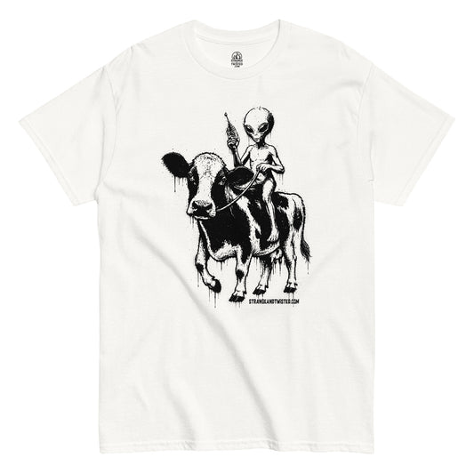 alien riding cow t-shirt front view, detailed black alien figure holding device while sitting on cow, high contrast design on white
