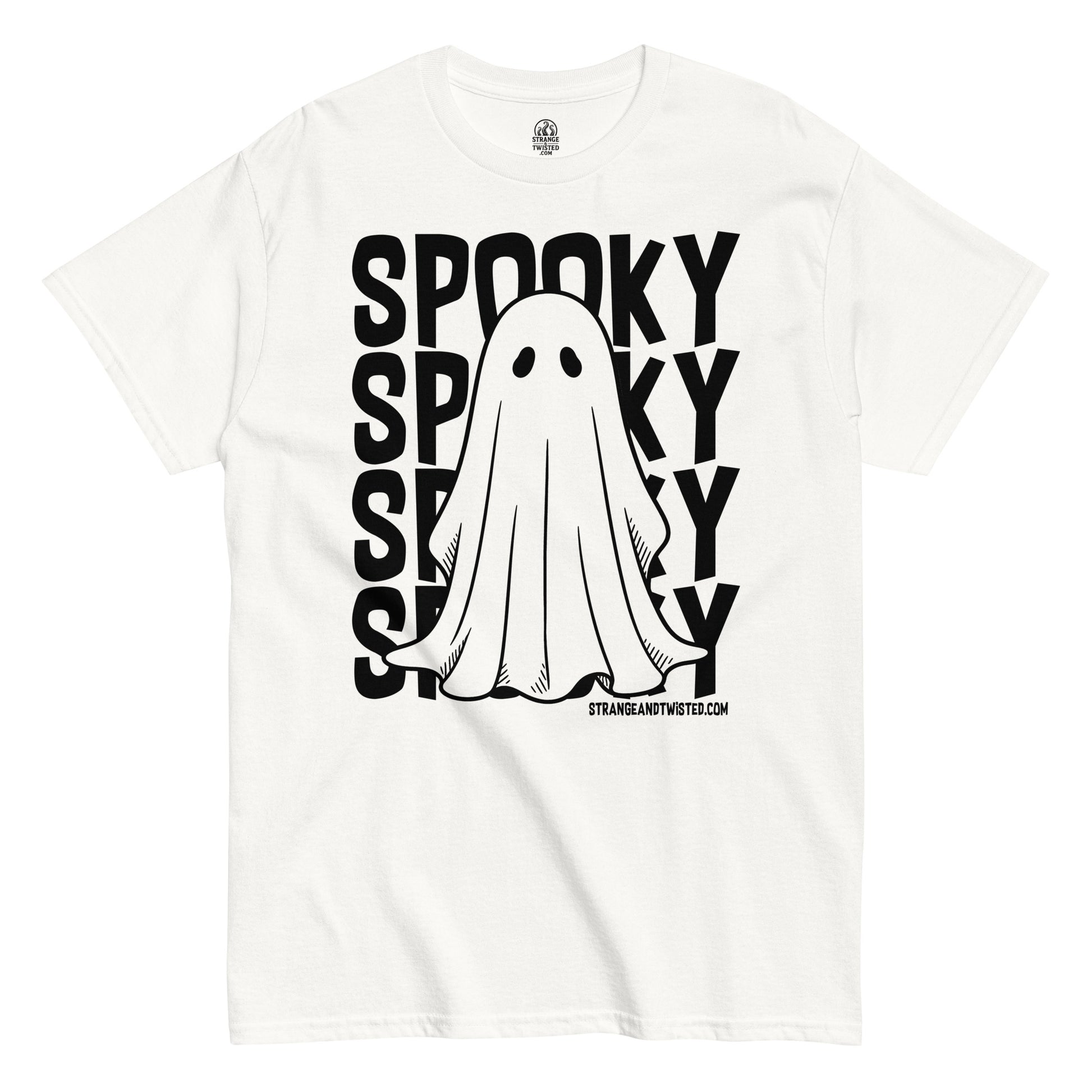Spooky paranormal ghost horror T-shirt front view with distressed supernatural ghost artwork on white fabric