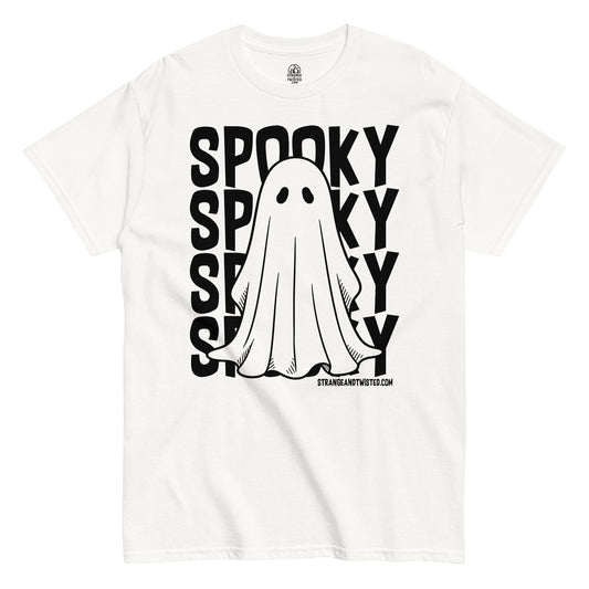 Spooky paranormal ghost horror T-shirt front view with distressed supernatural ghost artwork on white fabric