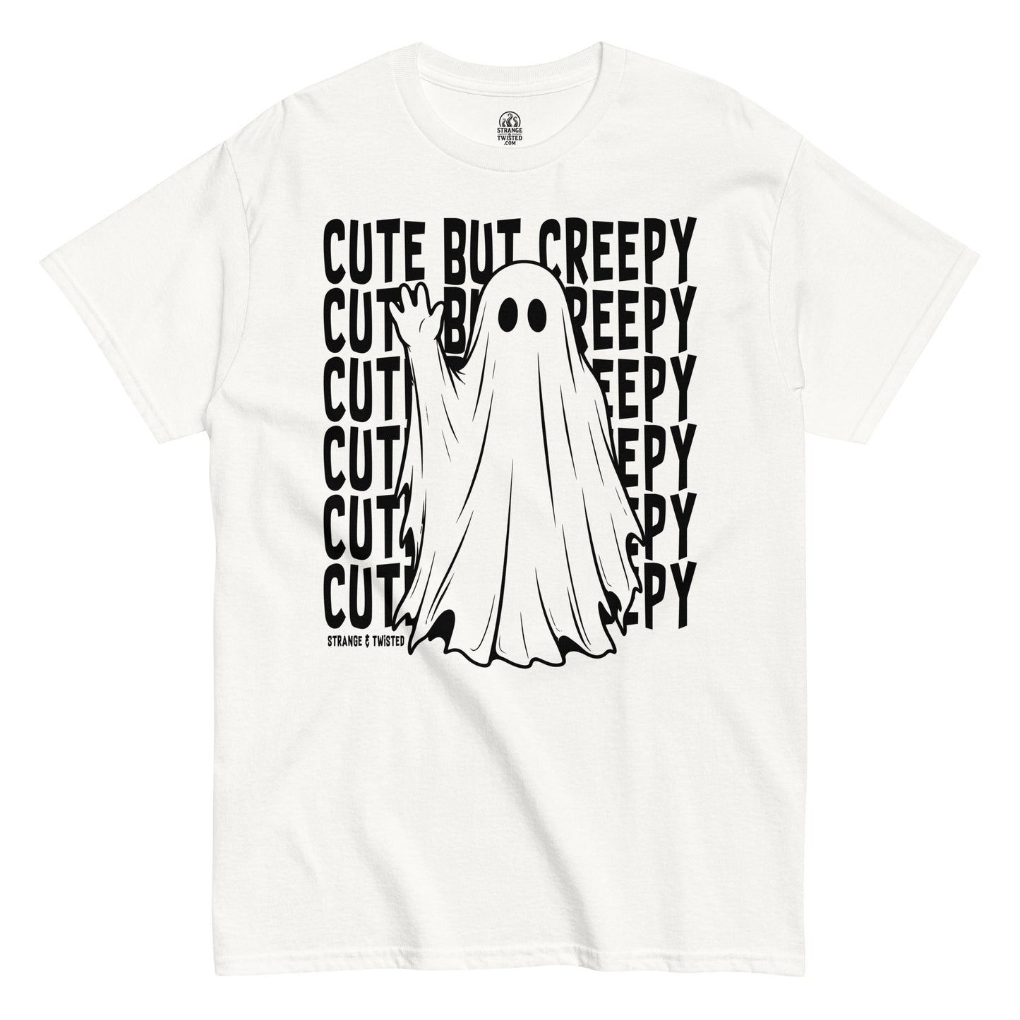 Cute but creepy paranormal ghost T-shirt front view with playful spooky ghost artwork on white fabric