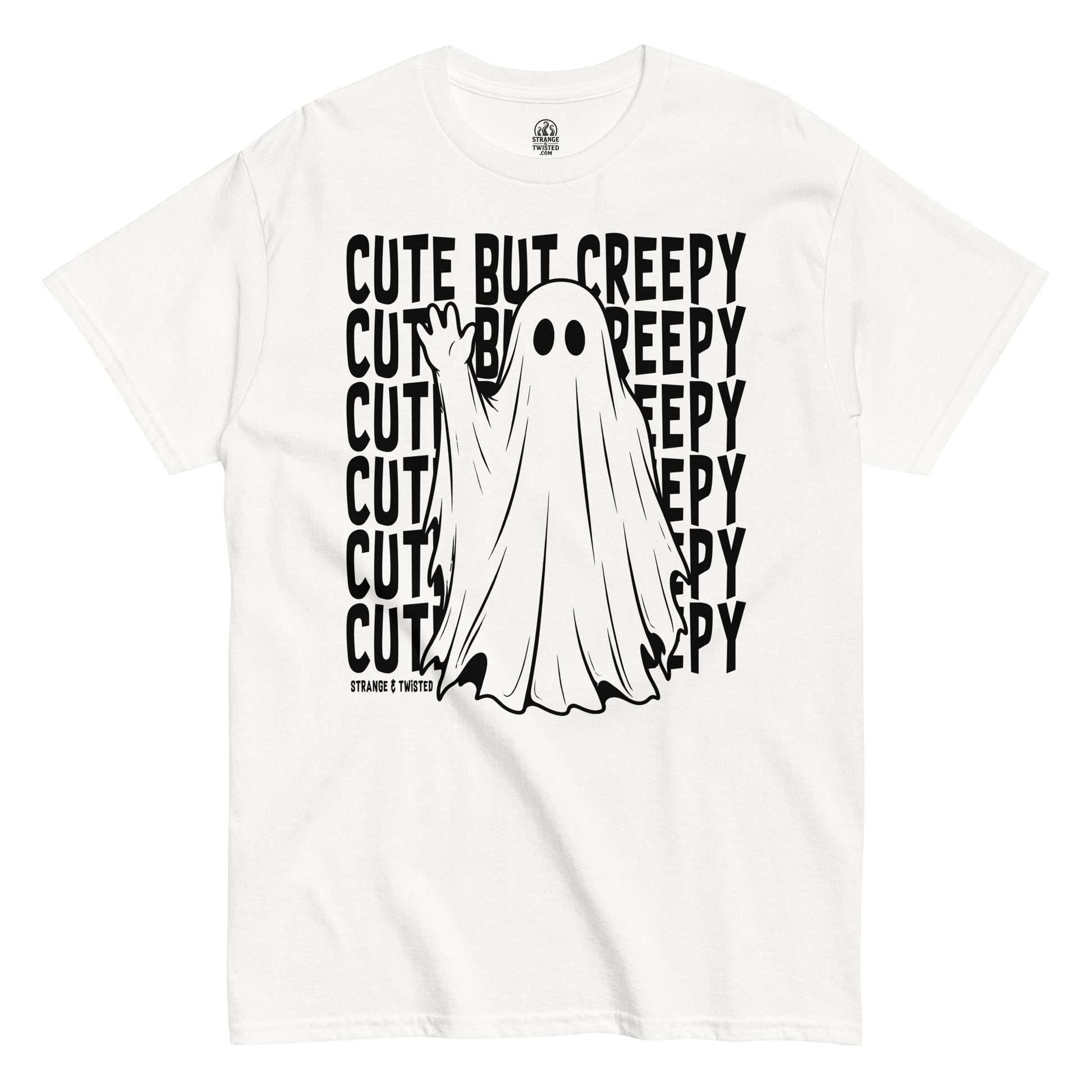 Cute but creepy paranormal ghost T-shirt front view with playful spooky ghost artwork on white fabric