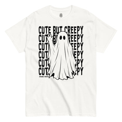 Cute but creepy paranormal ghost T-shirt front view with playful spooky ghost artwork on white fabric