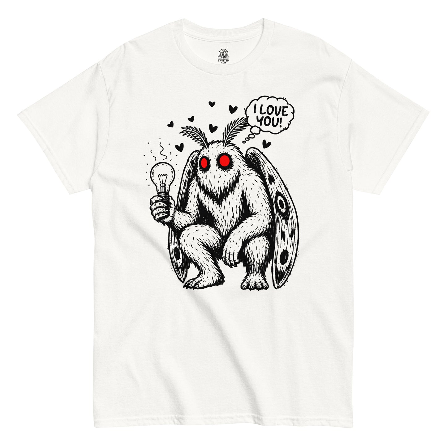 Funny Mothman loves lightbulbs T-shirt front view with red eyed cryptid artwork on white fabric