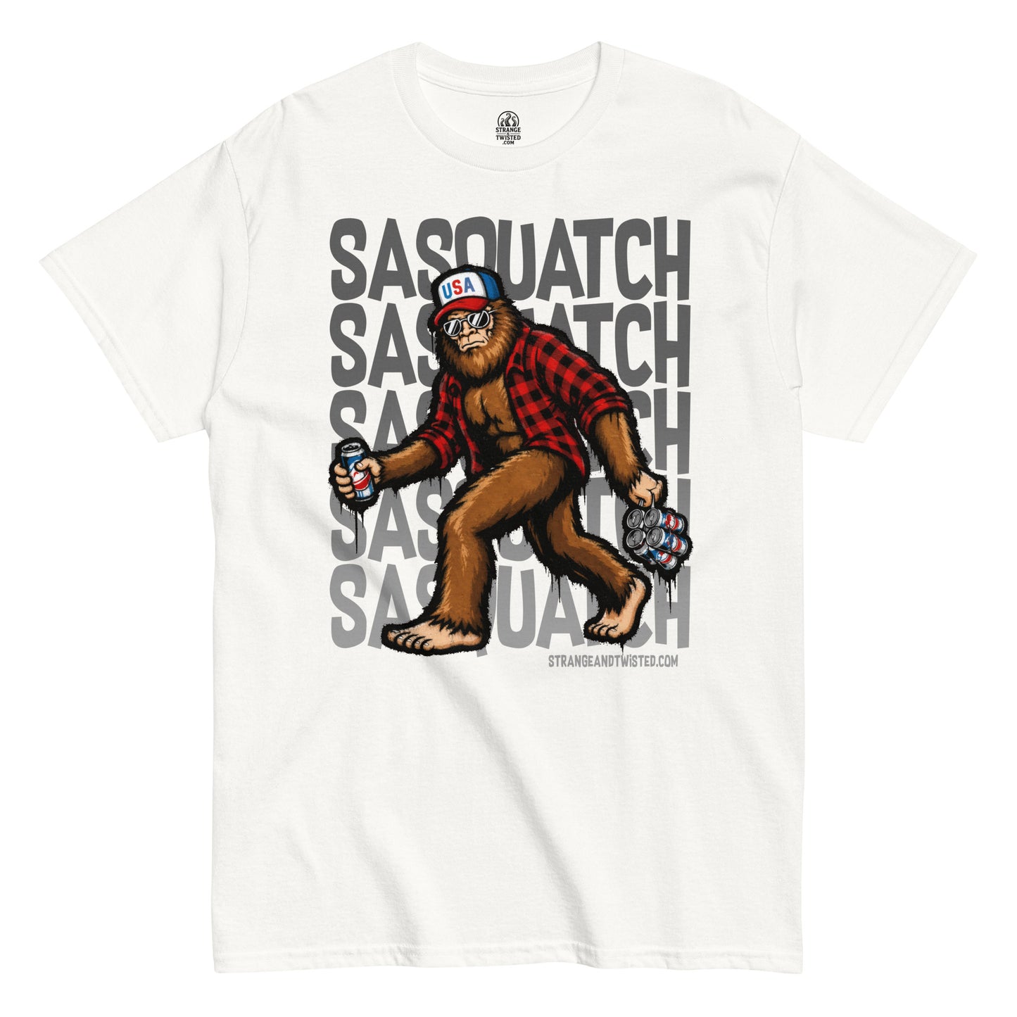 Funny Sasquatch USA Bigfoot T-shirt front view featuring patriotic cryptid artwork on white fabric