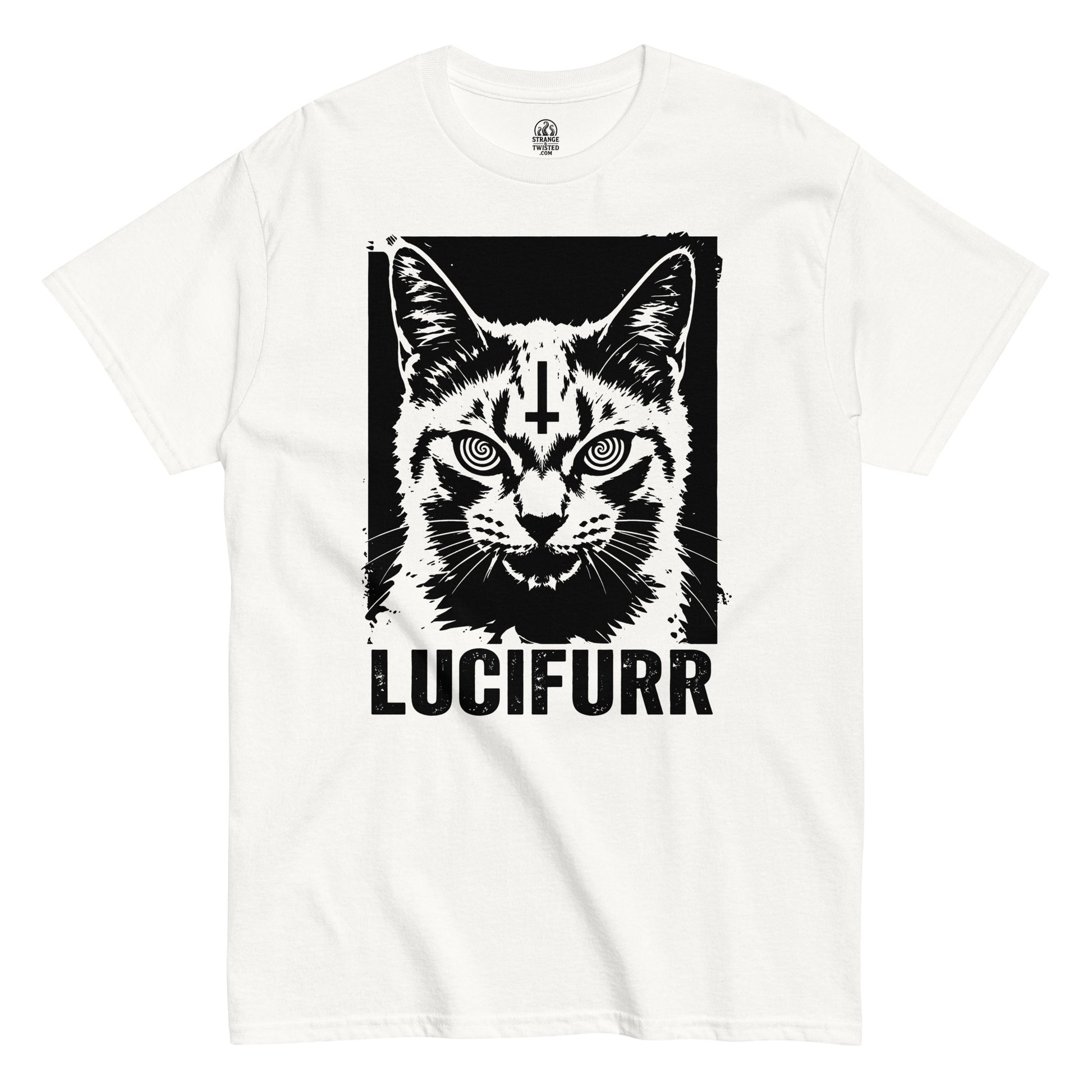 White occult cat t shirt with black woodcut Lucifurr design and inverted cross