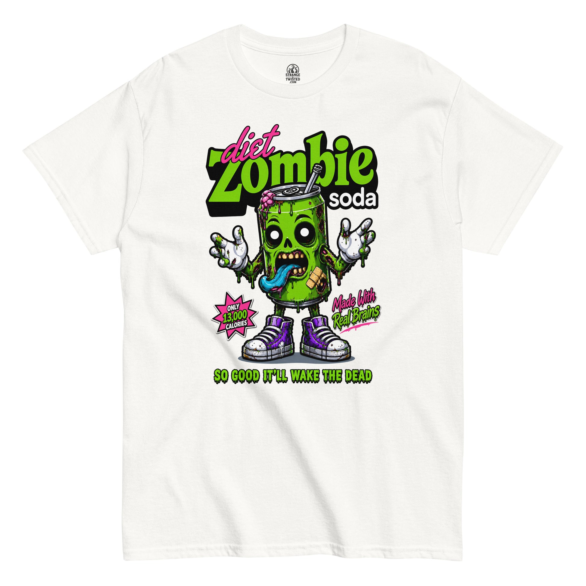 White Diet Zombie Soda t shirt with a cartoon undead green soda can and dripping horror lettering