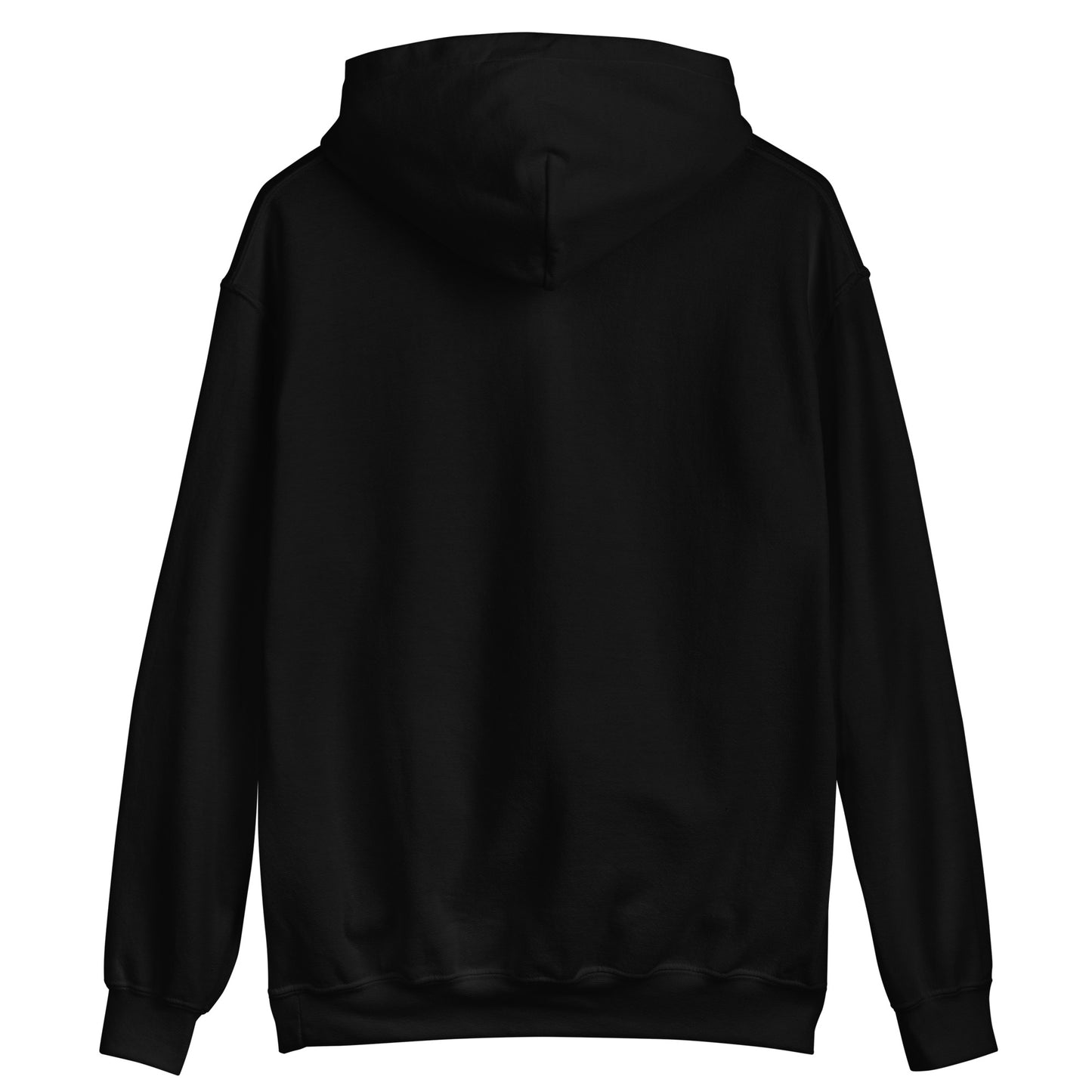 Back view black hoodie with plain back and bold occult front design