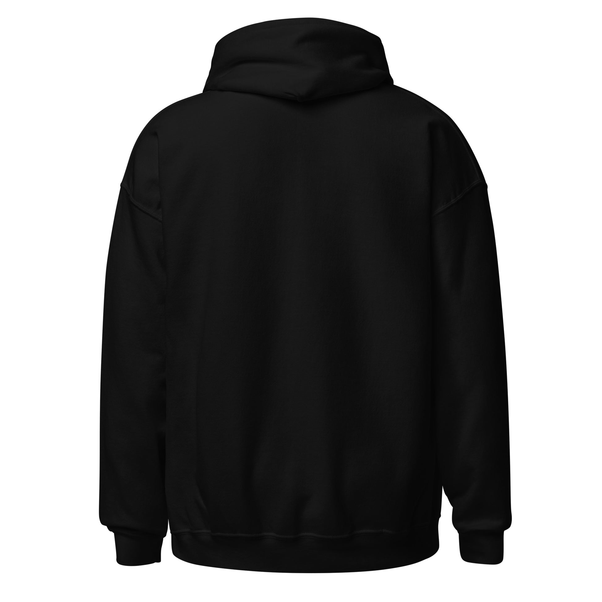 Plain black back of the unisex Lucifurr occult cat hooded sweatshirt