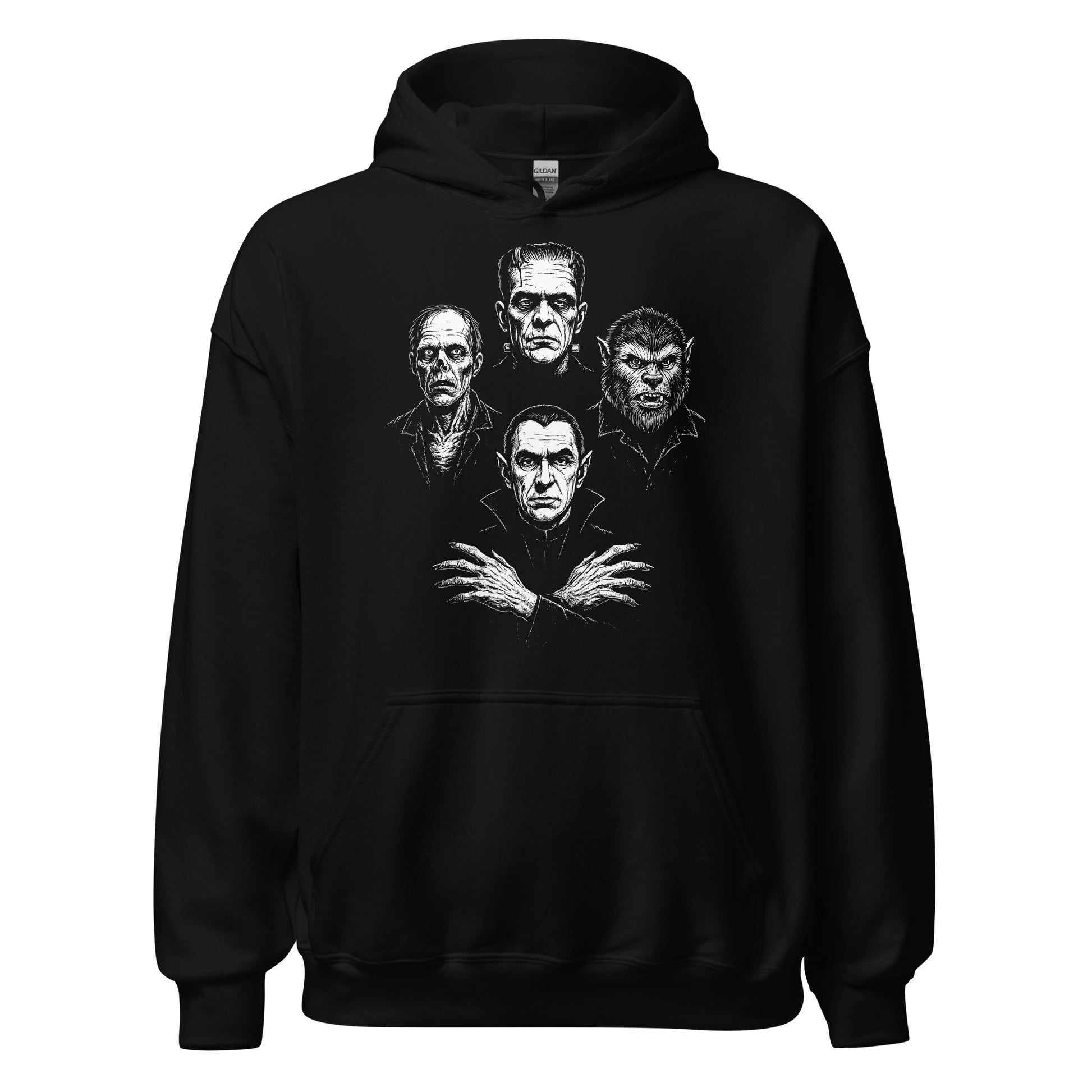 Black hoodie featuring distressed white artwork of classic horror monsters including a vampire, werewolf, zombie and stitched creature in a bold lineup, high-contrast gothic style. By Strange & Twisted.