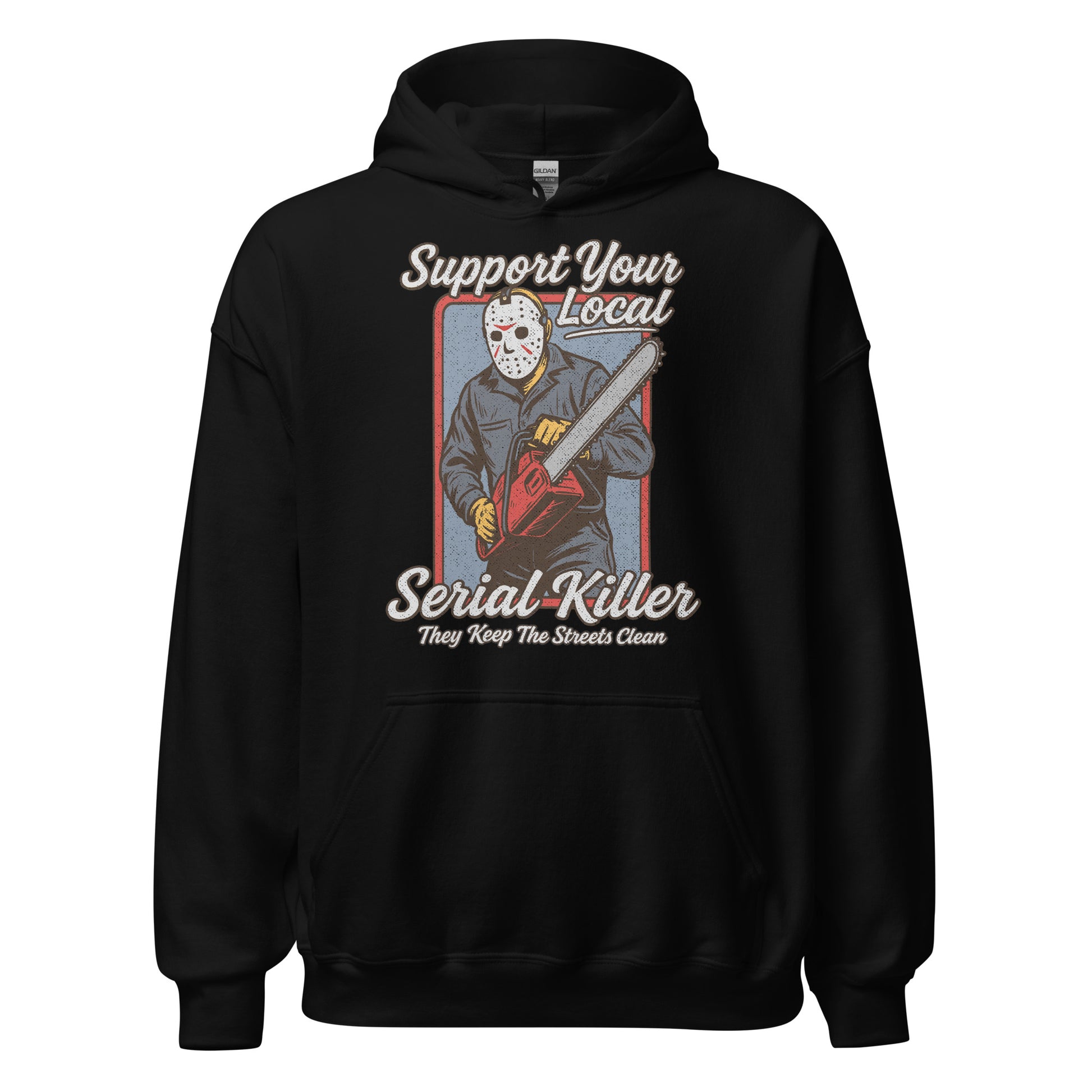 Front view of black hoodie featuring distressed retro slasher-parody chainsaw artwork with bold white horror illustration. By Strange & Twisted.