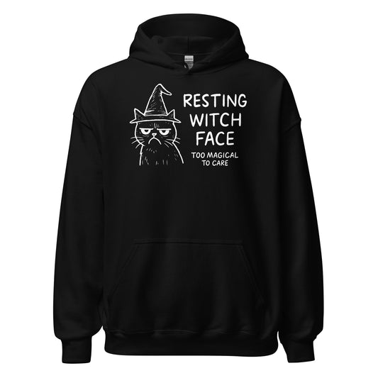 Front of black hoodie featuring white hand-drawn witch cat artwork with humorous Resting Witch Face text. By Strange & Twisted.