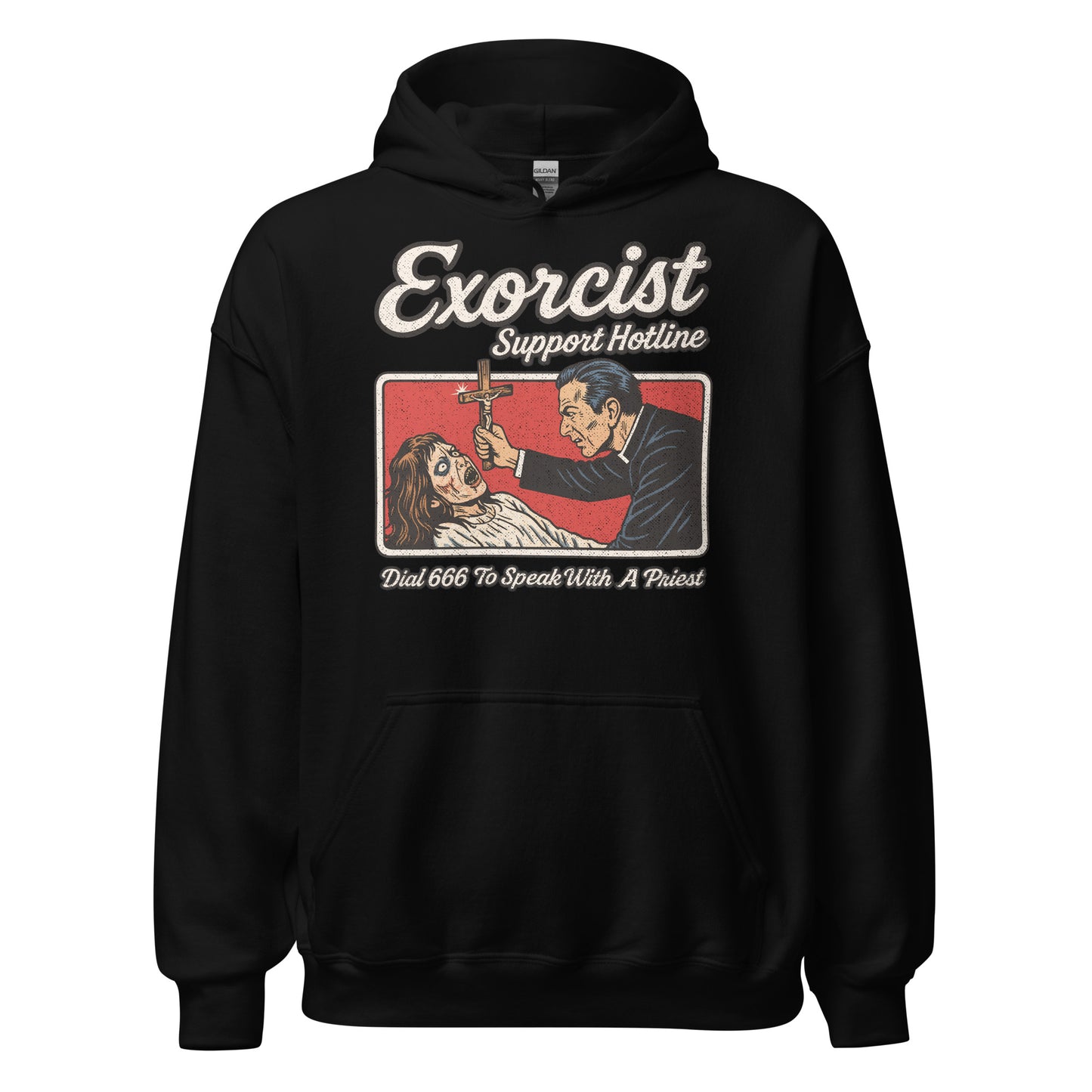 Front of black hoodie featuring distressed retro exorcist hotline artwork with priest and possessed figure. By Strange & Twisted.