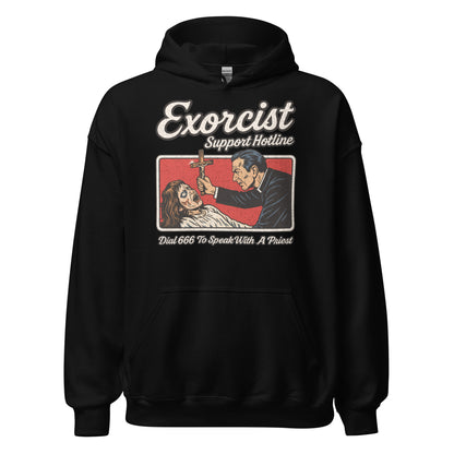 Front of black hoodie featuring distressed retro exorcist hotline artwork with priest and possessed figure. By Strange & Twisted.