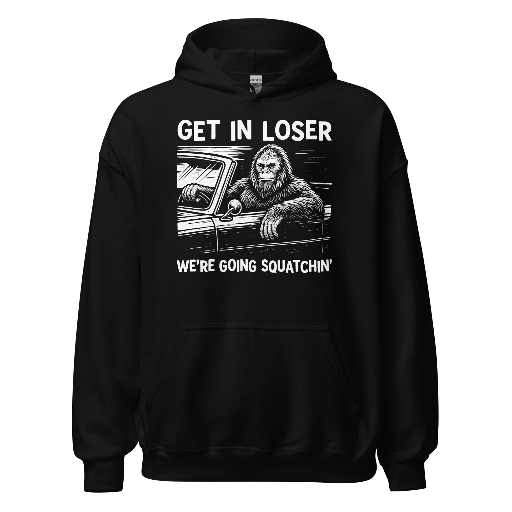 Front of black hoodie featuring distressed white Sasquatch driving artwork with Get In Loser text. By Strange & Twisted.