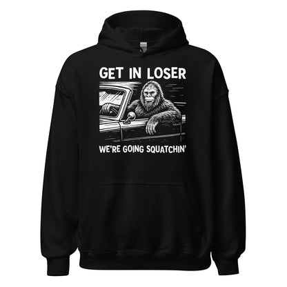 Front of black hoodie featuring distressed white Sasquatch driving artwork with Get In Loser text. By Strange & Twisted.