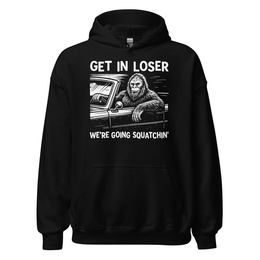 Front of black hoodie featuring distressed white Sasquatch driving artwork with Get In Loser text. By Strange & Twisted.