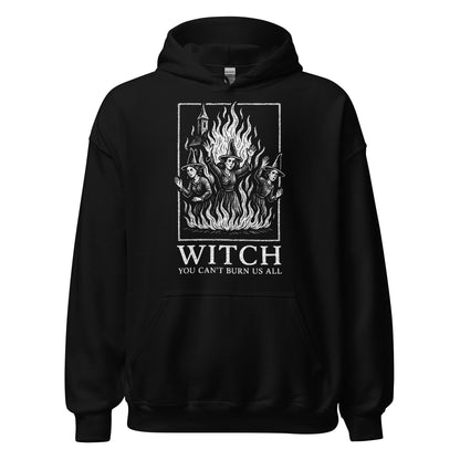 Front of black hoodie featuring distressed medieval witch trial artwork with bold You Can’t Burn Us All text. By Strange & Twisted.
