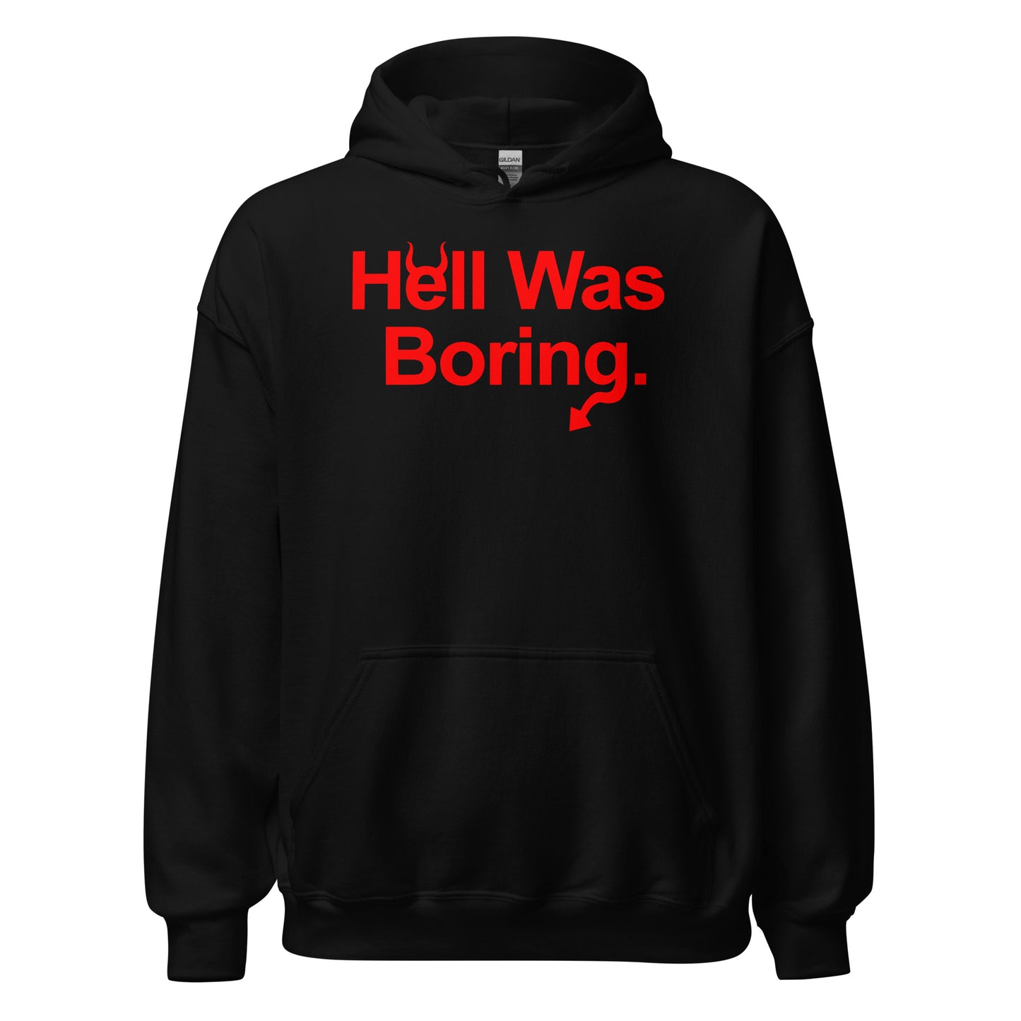 Front of black hoodie with vivid red Hell Was Boring text and devilish humour design. By Strange & Twisted.