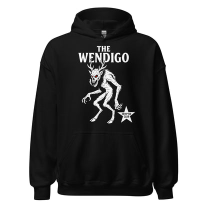 Black hoodie featuring Wendigo cryptid artwork in high-contrast white for horror and folklore fans. By Strange & Twisted.