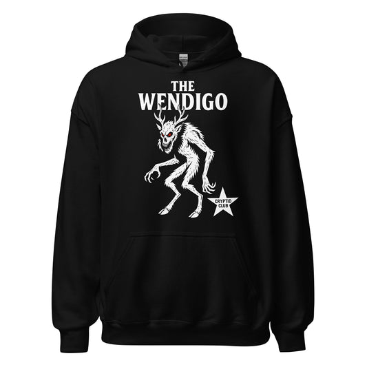 Black hoodie featuring Wendigo cryptid artwork in high-contrast white for horror and folklore fans. By Strange & Twisted.