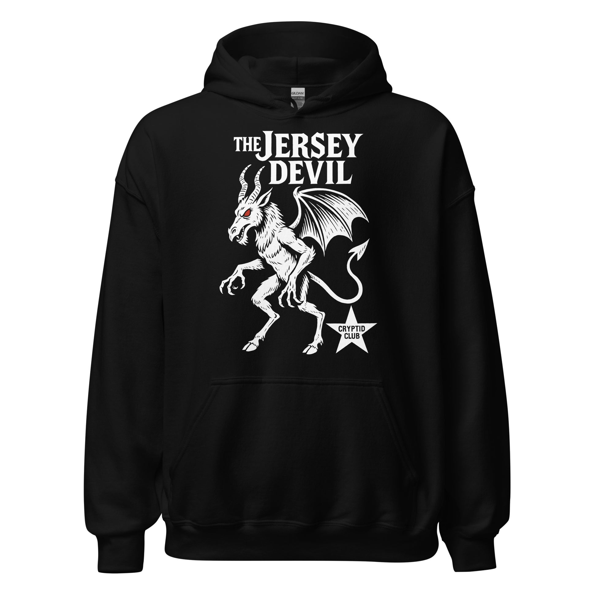 Black hoodie featuring white Jersey Devil illustration with wings and tail, bold cryptid artwork, By Strange & Twisted