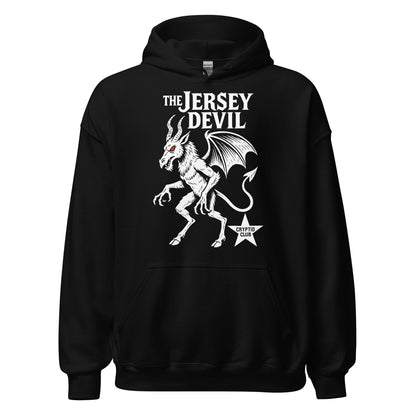 Black hoodie featuring white Jersey Devil illustration with wings and tail, bold cryptid artwork, By Strange & Twisted