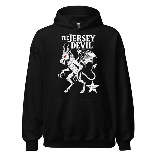 Black hoodie featuring white Jersey Devil illustration with wings and tail, bold cryptid artwork, By Strange & Twisted