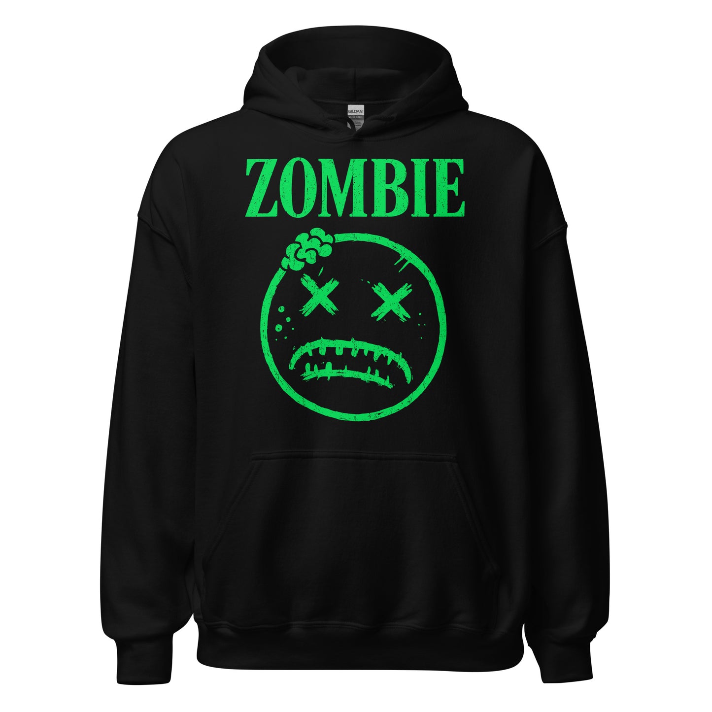 Black hoodie with bright neon green distressed zombie face and bold Zombie text, By Strange & Twisted
