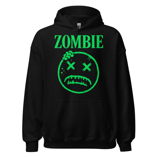 Black hoodie with bright neon green distressed zombie face and bold Zombie text, By Strange & Twisted