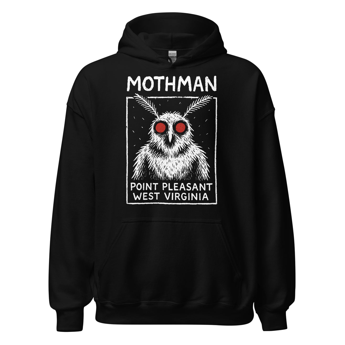 Black unisex hoodie featuring bold white Mothman Point Pleasant West Virginia cryptid artwork with glowing red eyes, classic folklore style, By Strange & Twisted
