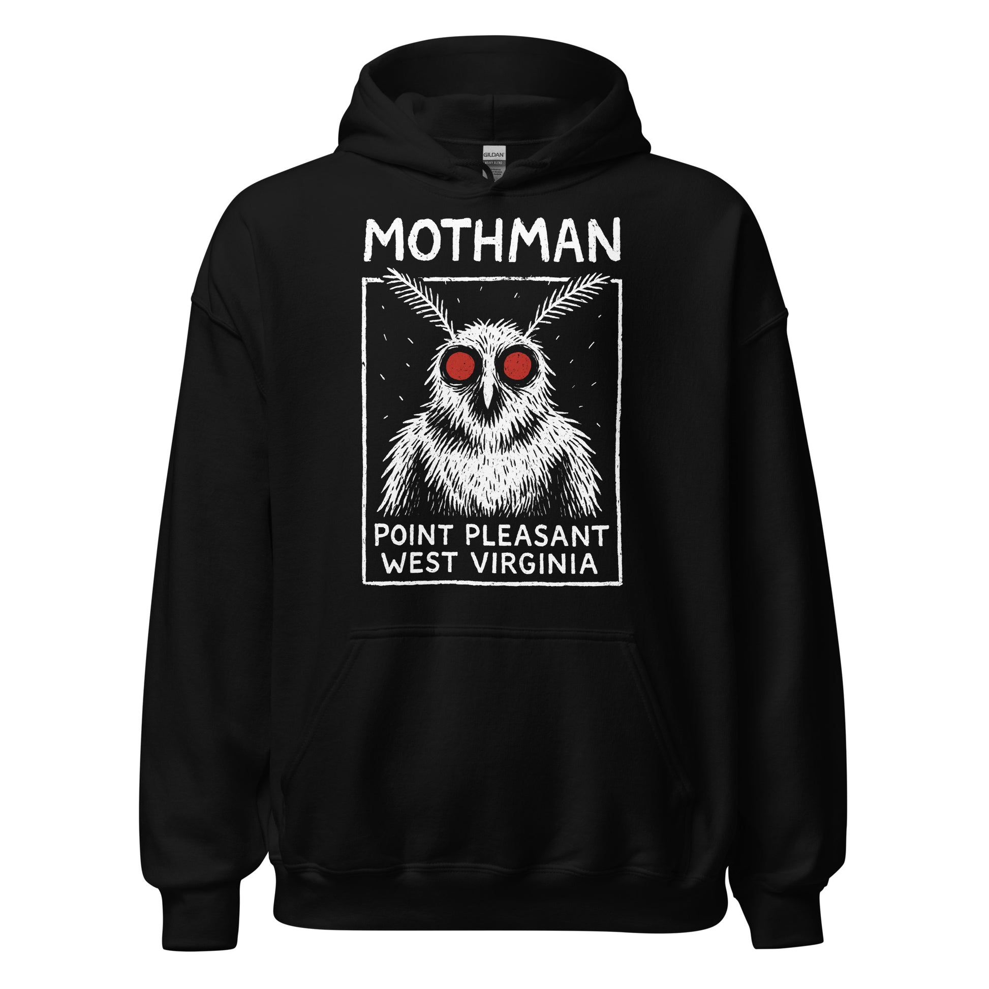 Black unisex hoodie featuring bold white Mothman Point Pleasant West Virginia cryptid artwork with glowing red eyes, classic folklore style, By Strange & Twisted