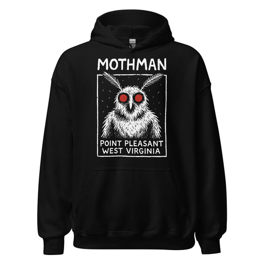 Black unisex hoodie featuring bold white Mothman Point Pleasant West Virginia cryptid artwork with glowing red eyes, classic folklore style, By Strange & Twisted